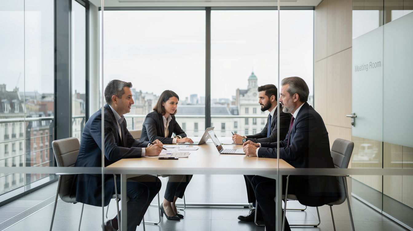 Business professionals discussing around a table in a modern meeting room