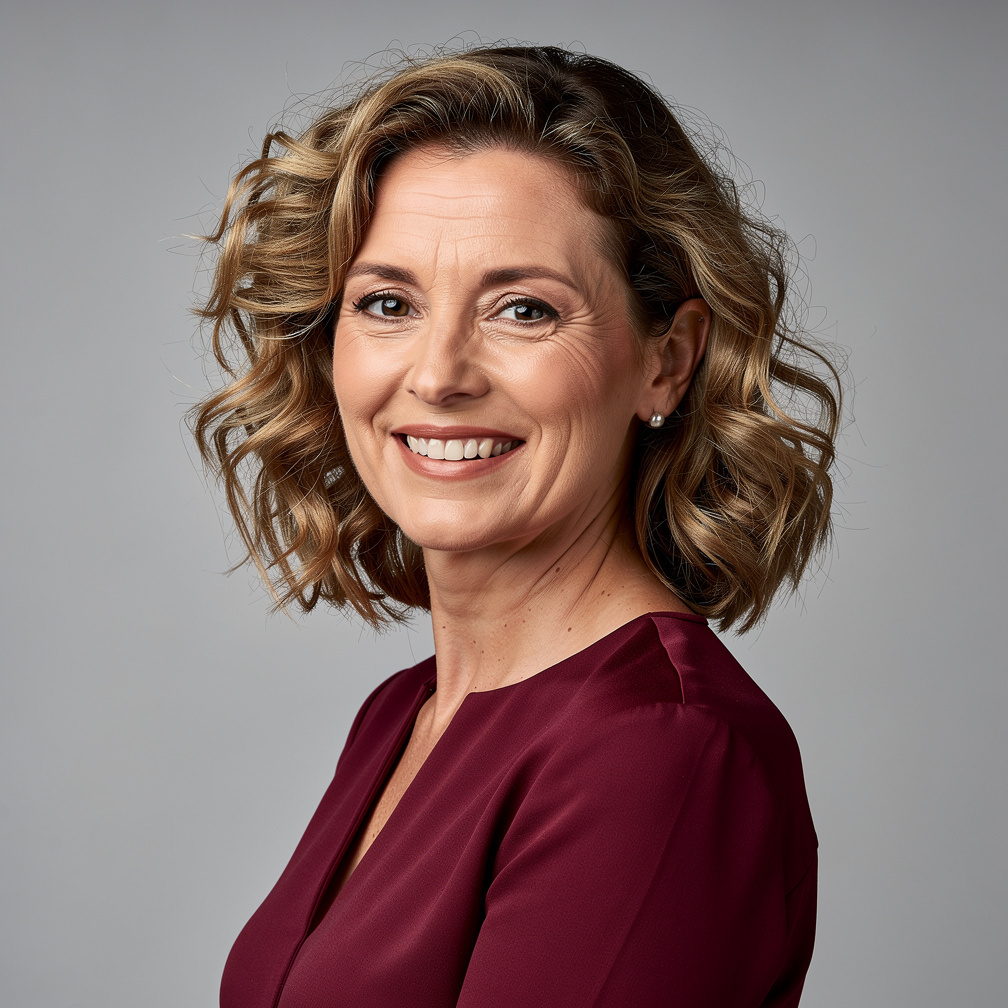 Studio portrait of a Belgian businesswoman with curly hair