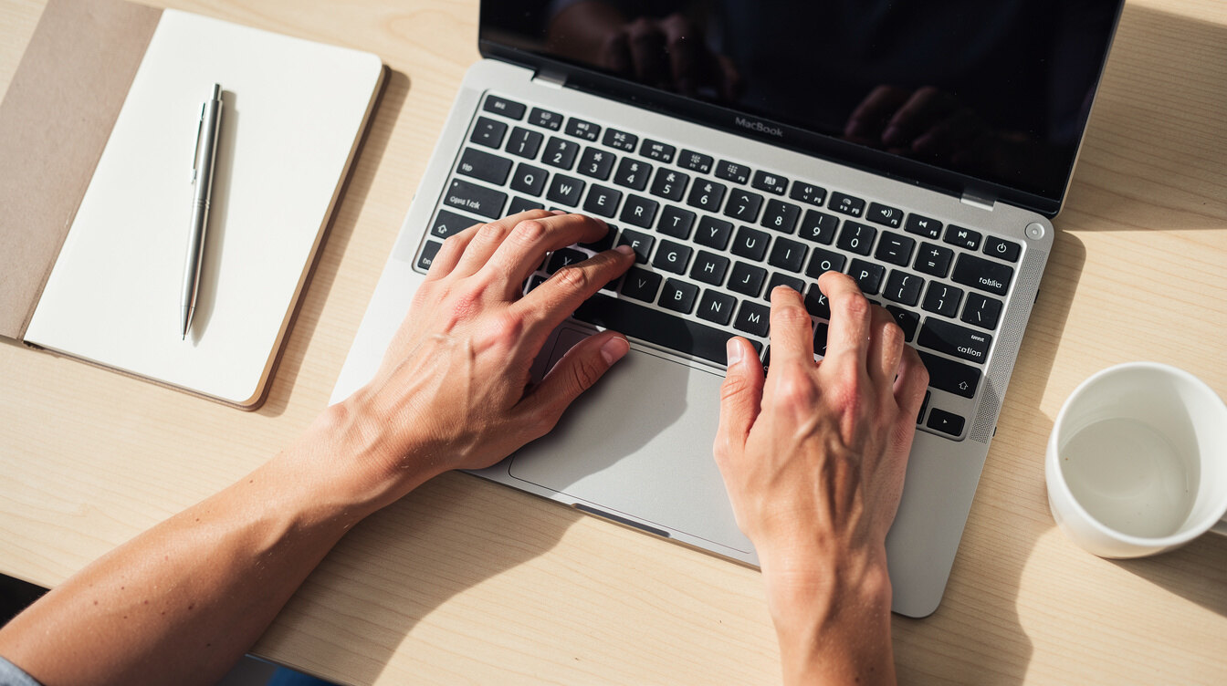 Close-up of hands typing on a laptop keyboard next to notebooks