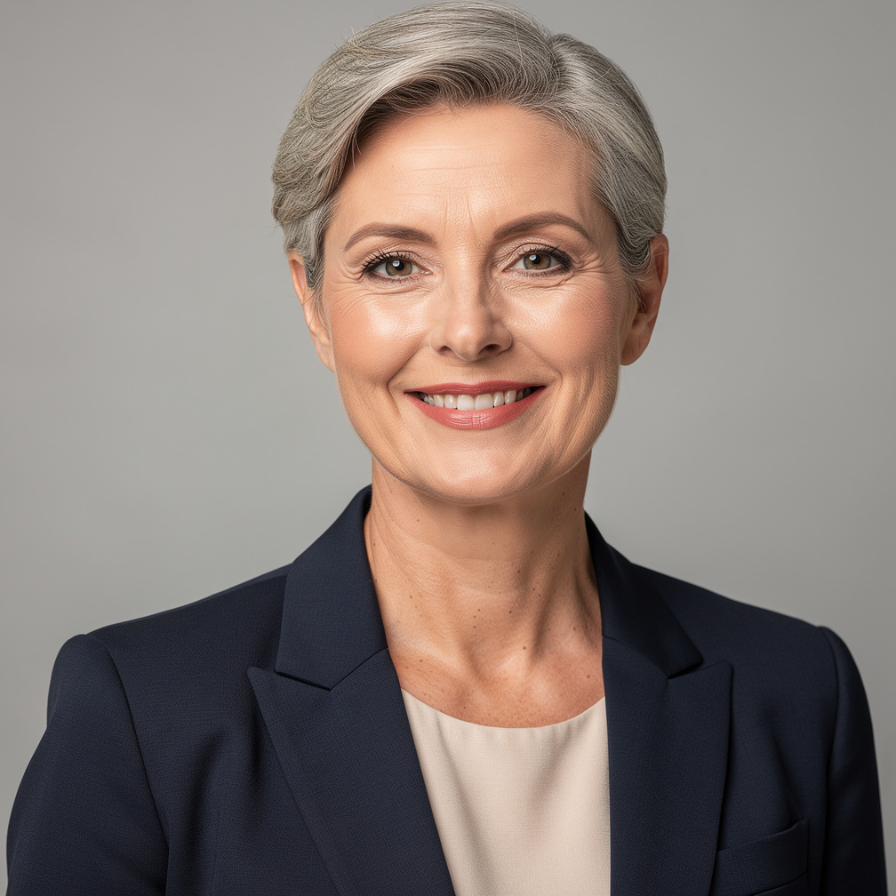 Studio portrait of a Belgian businesswoman in her fifties smiling